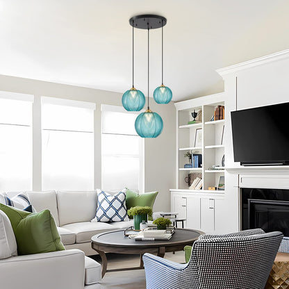 KCO Lighting Modern 3-Light Blue Striped Glass Pendant Light Fixture Nordic Glass Ball Cluster Chandelier Vintage Large Globe Pendant Lighting Mid-Century Black Island Light for Kitchen