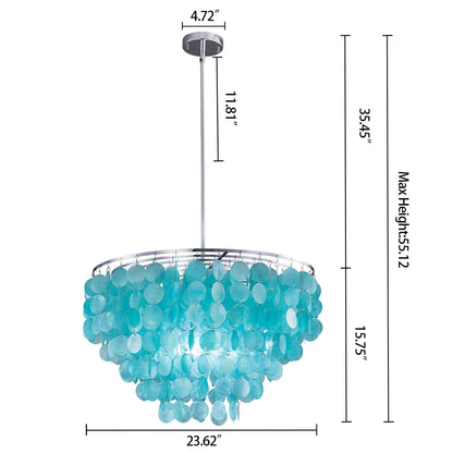 Wellmet Natural Capiz Shell Chandelier, 6 Lights Coastal Modern Blue Capiz Chandelier Pendant Lighting, Hanging Round Layered Chandelier for Living Room, Bedroom, Kitchen, Foyer, 23.62” D