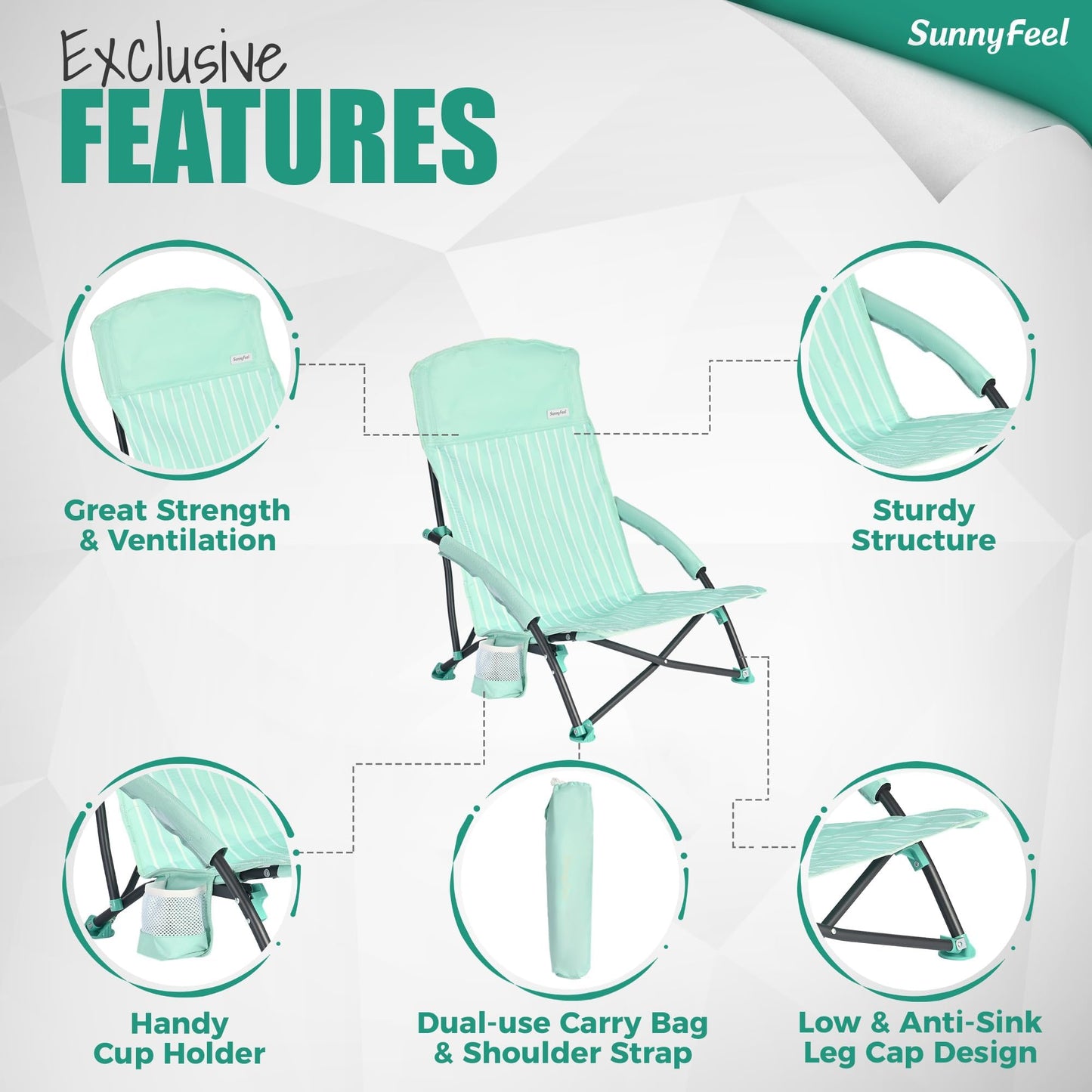 SUNNYFEEL Folding Beach Chair, High Back Beach Chairs for Adults, Lightweight Portable Camp Chair 300lbs Heavy Duty with Carry Bag, Mesh Back, Cup Holder for Outdoor Travel Picnic Concert, Green