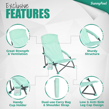 SUNNYFEEL Folding Beach Chair, High Back Beach Chairs for Adults, Lightweight Portable Camp Chair 300lbs Heavy Duty with Carry Bag, Mesh Back, Cup Holder for Outdoor Travel Picnic Concert, Green