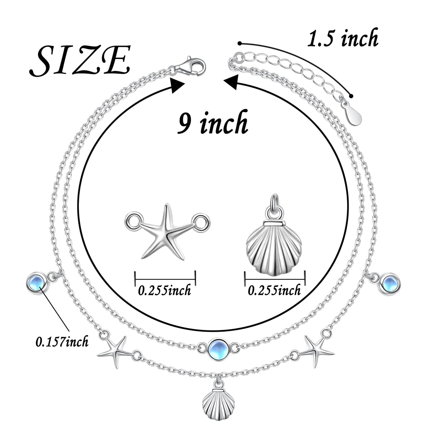 Ladytree Starfish and Shell Layer Anklet for Women S925 Sterling Silver Beads Charm Foot Chain Created Moonstone Boho Beach Double Layer Anklets Bracelet Adjustable 9 to 10.5 inches