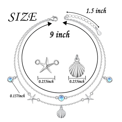 Ladytree Starfish and Shell Layer Anklet for Women S925 Sterling Silver Beads Charm Foot Chain Created Moonstone Boho Beach Double Layer Anklets Bracelet Adjustable 9 to 10.5 inches