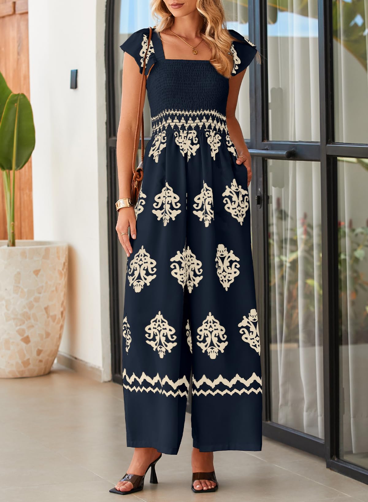 Happy Sailed Women's Jumpsuits Summer Square Neck Floral Printed Boho Jumpsuit Wide Leg Long Pants Rompers for Women Dressy Casual Overalls Beach Fashion Cruise Outfits for Women 2026 Dark Blue L