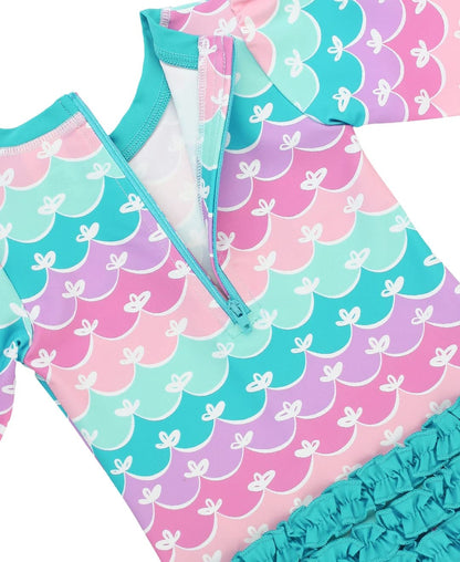 RuffleButts Baby Girls UPF 50+ Sun Protection Novelty Print Long Sleeve One Piece Rash Guard Swimsuit with Zipper - Mermaid/Aqua, 18-24m