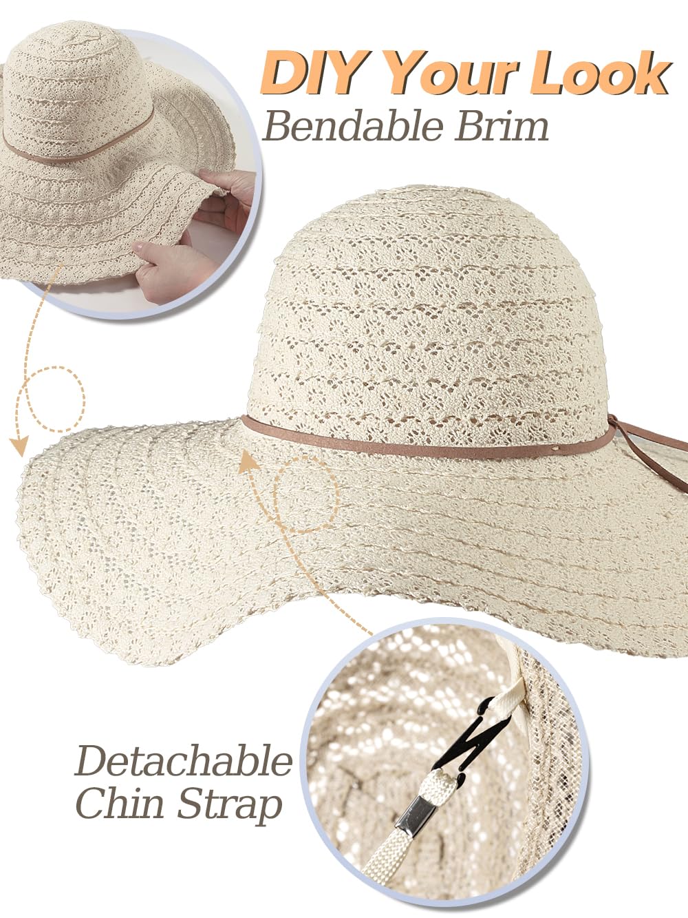 Sun Beach Hats for Women Summer Floppy Wide Brim Sunhat Packable Foldable Lace Travel Vacation Beige