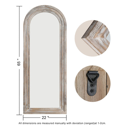 Trvone Arched Full Length Mirror - Solid Wood Frame Floor Mirror with Back Hooks for Vertical Hanging in Bedroom or Living Room (65"x22", Weathering White)