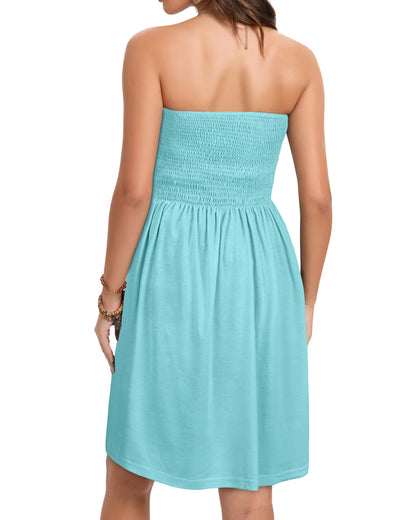 Summer Dresses for Women Strapless Casual Beach Cover Ups Tube Top Sundress（Aqua Blue, 2XL
