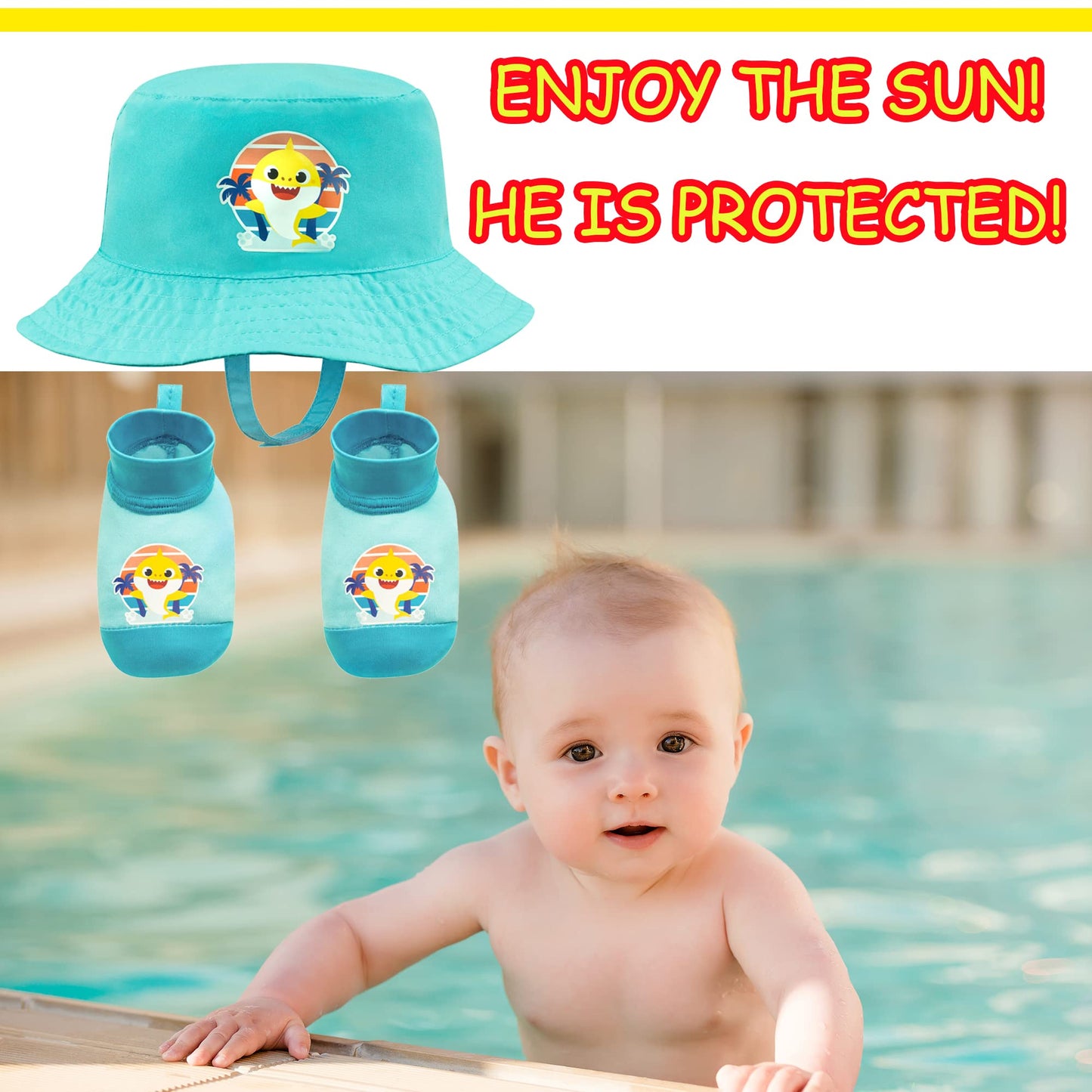 Nickelodeon Baby Shark Aqua Bucket Swim Hat and Booties Set, Sun Protection UPF 50+ - Age 0-12 Months