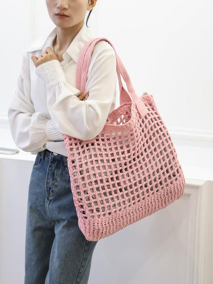 ENBEI Women's Beach Tote Bag, Crocheted Knit Hollow Design, Stylish & Spacious Tote for Beach,Travel,and Everyday Use,Cute Aesthetic Summer Handbag (Pink)