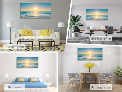 KUNHAAH Wall Art Canvas Painting Blue Sea Beautiful Seascape 1 Piece Ocean Sunset Waves Picture Poster Print Framed and Stretched Ready to Hang for Living Room Bedroom Artework