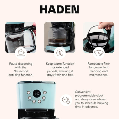 Haden Coffee Machine, 12 Cup Programmable Drip Coffee Maker with Auto Shut-Off Function and Reusable Washable Water Filter, Turquoise & Chrome