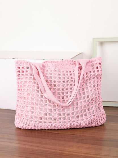 ENBEI Women's Beach Tote Bag, Crocheted Knit Hollow Design, Stylish & Spacious Tote for Beach,Travel,and Everyday Use,Cute Aesthetic Summer Handbag (Pink)