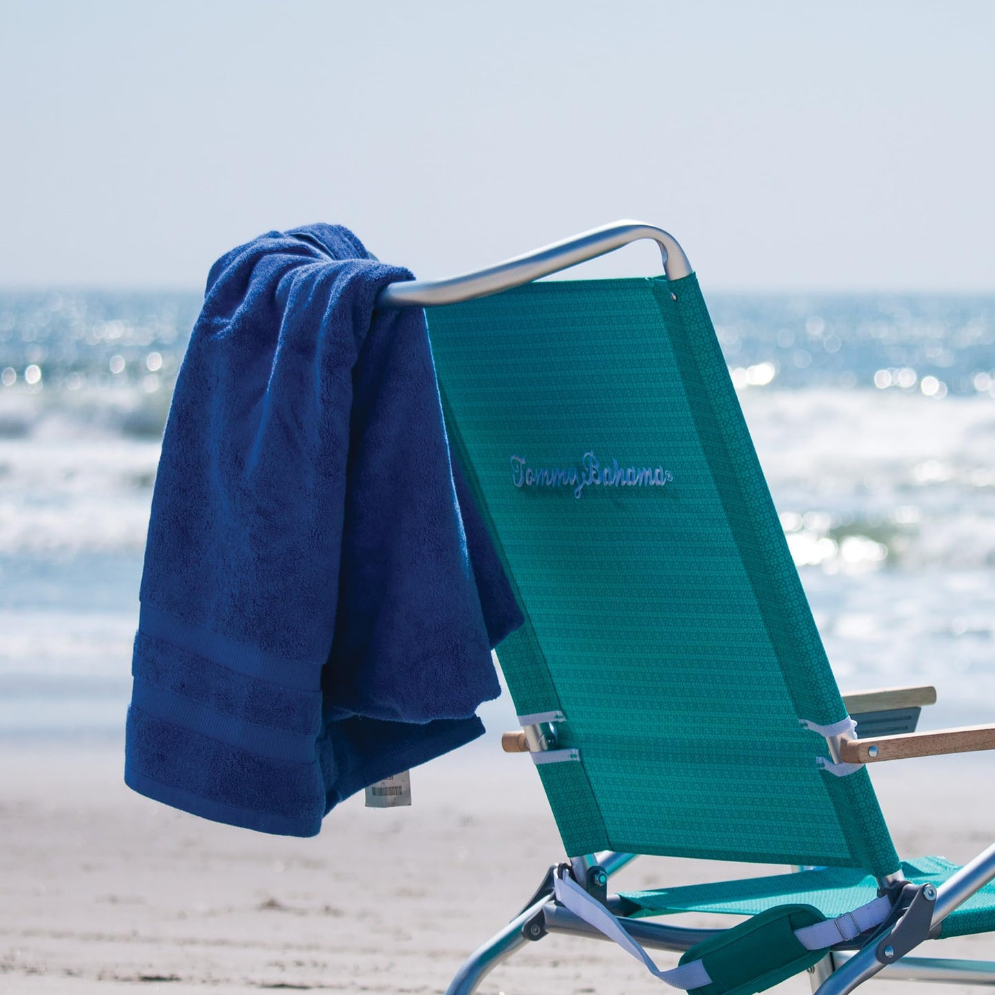 Tommy Bahama 5-Position Lay Flat Cup Holder and Towel Bar Beach Chair, 1-Pack, Turquoise Check