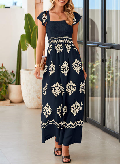 Happy Sailed Women's Jumpsuits Summer Square Neck Floral Printed Boho Jumpsuit Wide Leg Long Pants Rompers for Women Dressy Casual Overalls Beach Fashion Cruise Outfits for Women 2026 Dark Blue L