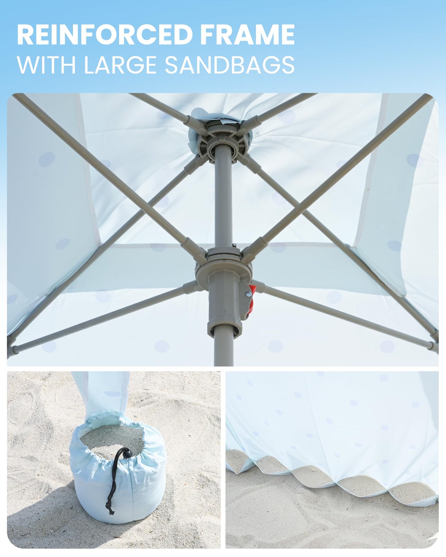 OutdoorMaster Beach Cabana with Fringes, Portable 6' x 6' Beach Canopy for Sand, Easy Set Up Sun Shelter, Included Side Wall, UPF 50+ UV Protection Sun Umbrella - for Family & Friends -Wave Point