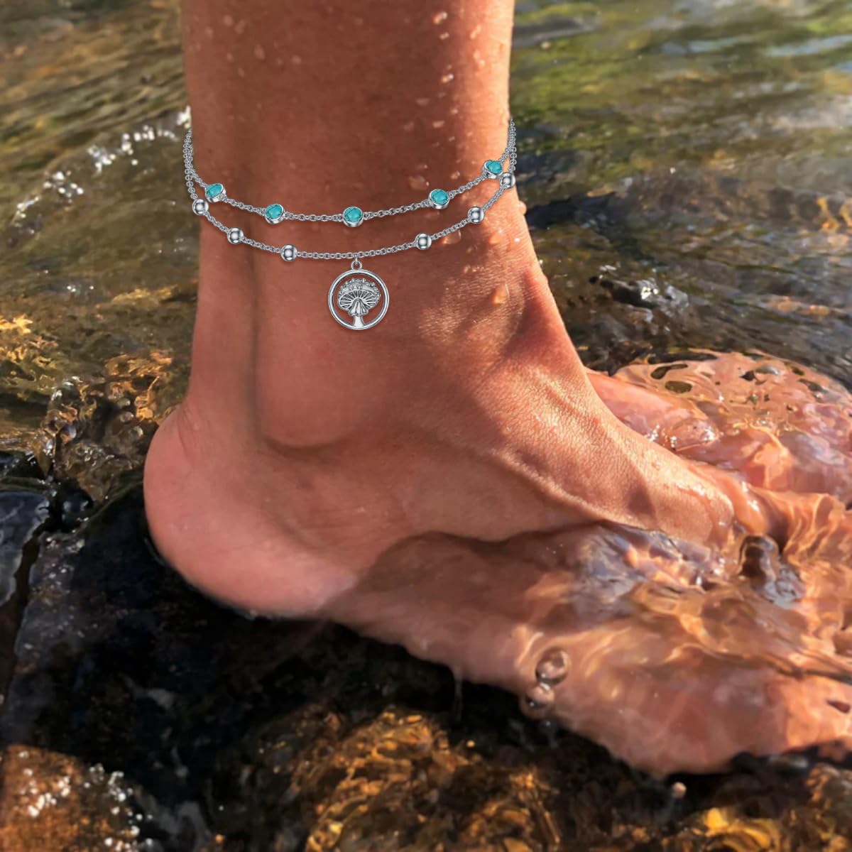 Genuine Turquoise Anklet with mushroom, Sterling Silver Summer Beach Dainty Bohemia Nature Gemstone Jewelry for Women, 9+2''
