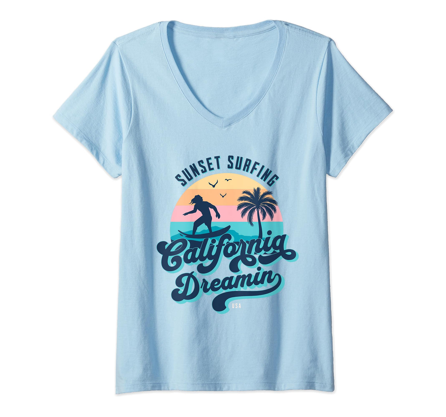 Sunset Surfing California Dreamin USA Surfer V-Neck T-Shirt