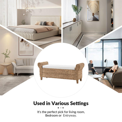 HULALA HOME Rattan Storage Bench, Rattan Upholstered End of Bed Bench with Roll Arm & Solid Wood Legs, Natural