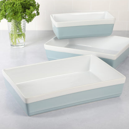 MARTHA STEWART 3-Piece Oven to Table Stoneware Bakeware Set – Baking Dish & Casserole Set – Dusty Blue – Durable Oven-Safe Bakeware for Baking and Serving