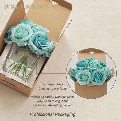 WELL KNOWN Rose Artificial Flowers in Vase with Faux Water, Silk Rose Table Centerpieces for Home Coffee Table Decor, Fake Roses Flower Arrangements for Office Hotel Lavatory Decor (Light Teal Blue)
