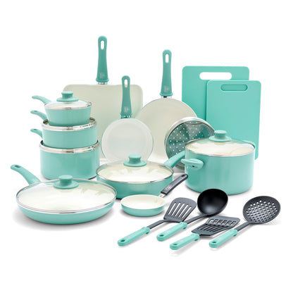 GreenLife Soft Grip 23 Piece Kitchen Cookware Pots and Frying Saucepans Set, Healthy Ceramic Nonstick PFAS and PFOA-Free, Dishwasher and Oven Safe, Even Heating, Easy Clean, Warp Control, Turquoise