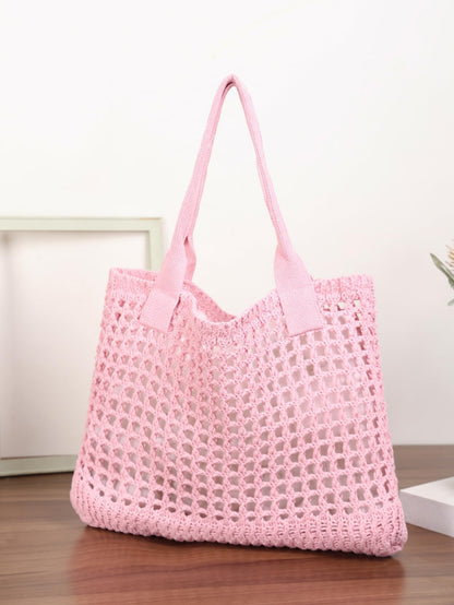 ENBEI Women's Beach Tote Bag, Crocheted Knit Hollow Design, Stylish & Spacious Tote for Beach,Travel,and Everyday Use,Cute Aesthetic Summer Handbag (Pink)