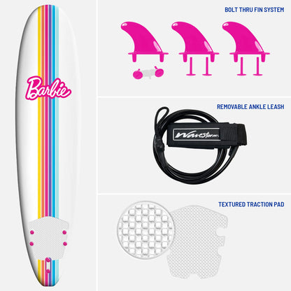 Barbie™ Signature 8ft Surfboard by Wavestorm | Graphic top Deck with high Density Slick Bottom | for Kids and Adults |Foam Construction with Accessories | Leg Leash and Fin Set Included,White