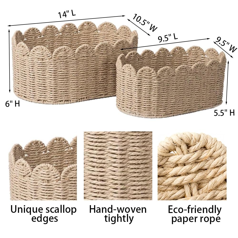 Scalloped Basket, Wicker Storage Baskets, Hand Woven Baskets for Shelves,Natural Baskets for Organizing (Paper rope(Ellipse-16"L x 10"W x 7"H))