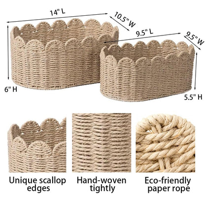 Scalloped Basket, Wicker Storage Baskets, Hand Woven Baskets for Shelves,Natural Baskets for Organizing (Paper rope(Ellipse-16"L x 10"W x 7"H))