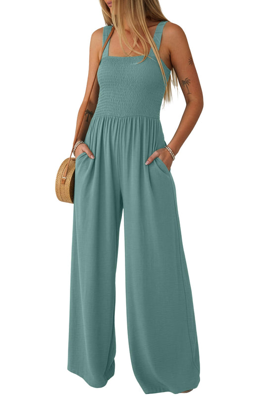 Lepunuo Jumpsuits for Women Casual One Piece Overalls Smocked Wide Leg Long Rompers With Pockets Beach Vacation
