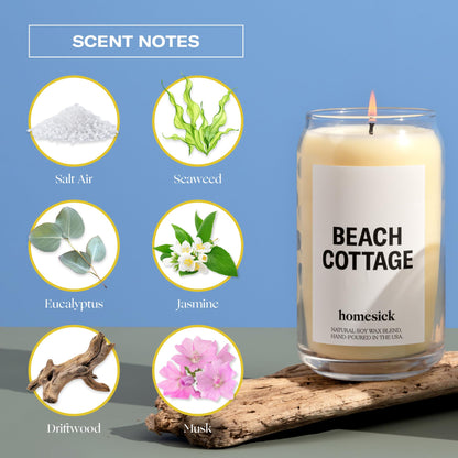 Homesick Scented Candles for Home (Beach Cottage) - Long-Lasting Natural Soy Wax Blend Jar Candle Gifts for Women & Men, 60-80 Hours Burn Time - Notes of Bergamot & Sandalwood