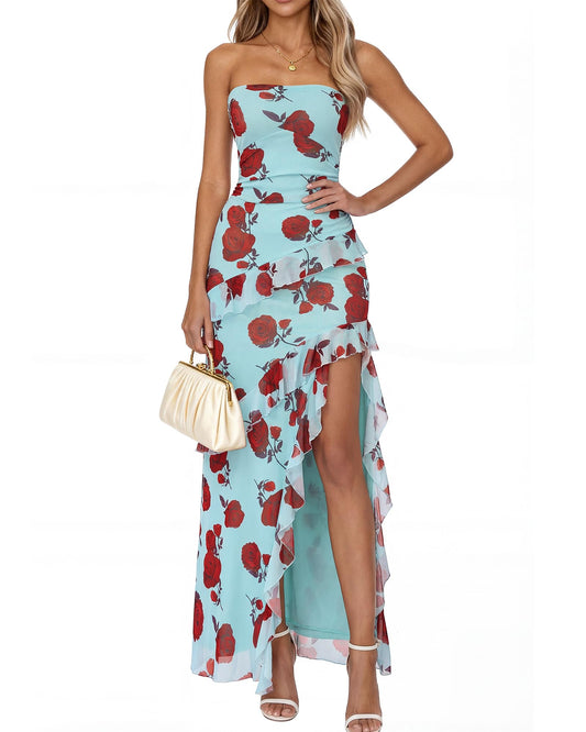 BTFBM Off The Shoulder Dresses for Women Summer 2026 Strapless Ruffle Sundress Slit Formal Cocktail Wedding Guest Dress(Floral Blue Rose, XX-Large)