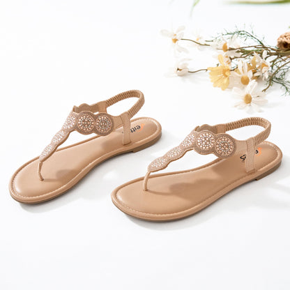 Veittes Women's Bohemian Bling Flat Slide Sandals - Casual Summer Thong Sandals with Rhinestone Decor, Rubber Sole, Lightweight & Comfortable Ankle StrapThong Summer Sandals.(2307004,GD/MF,11)