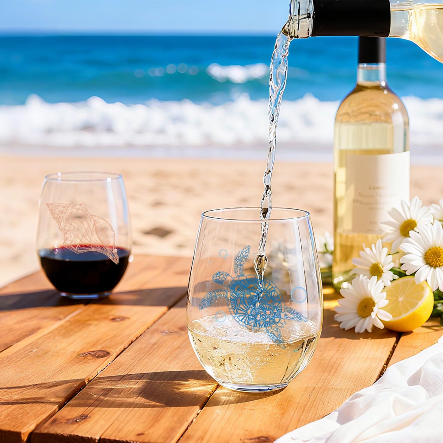 Ocean Themed Stemless Wine Glasses, Set of 4 Seashore Glassware - Sea Turtle, Starfish, Seashell, Conch Shell Assortment, Wine Gifts for Coastal Beach Lovers, Birthday Gifts for Women Mothers Day