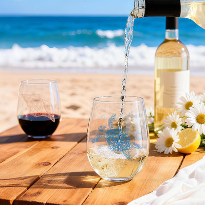 Ocean Themed Stemless Wine Glasses, Set of 4 Seashore Glassware - Sea Turtle, Starfish, Seashell, Conch Shell Assortment, Wine Gifts for Coastal Beach Lovers, Birthday Gifts for Women Mothers Day