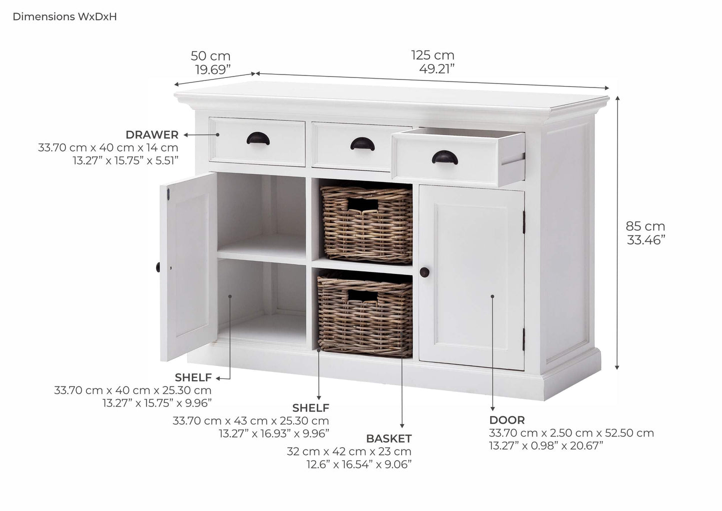 NovaSolo Halifax Pure White Mahogany Wood Sideboard Dining Buffet With Storage, 3 Drawers And 2 Rattan Baskets