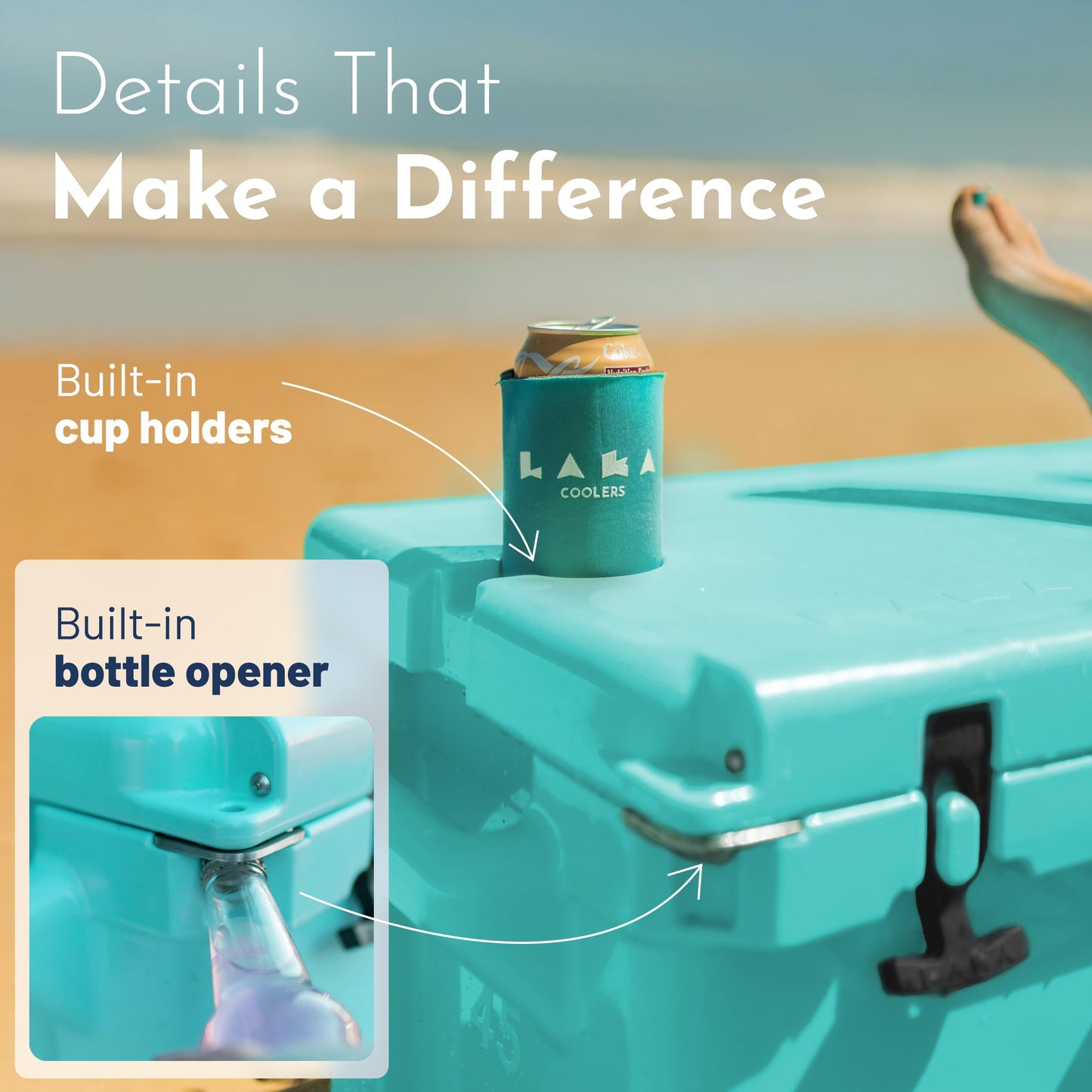 Laka Cooler – 45 Quart Rotomolded Hard Cooler, Insulated Ice Chest Holds 36 Cans/45lb Ice, Up to 10 Days Cold, Drain Plug + Basket, Non-Slip Feet, Beach Boat Camping Tailgate - Seafoam