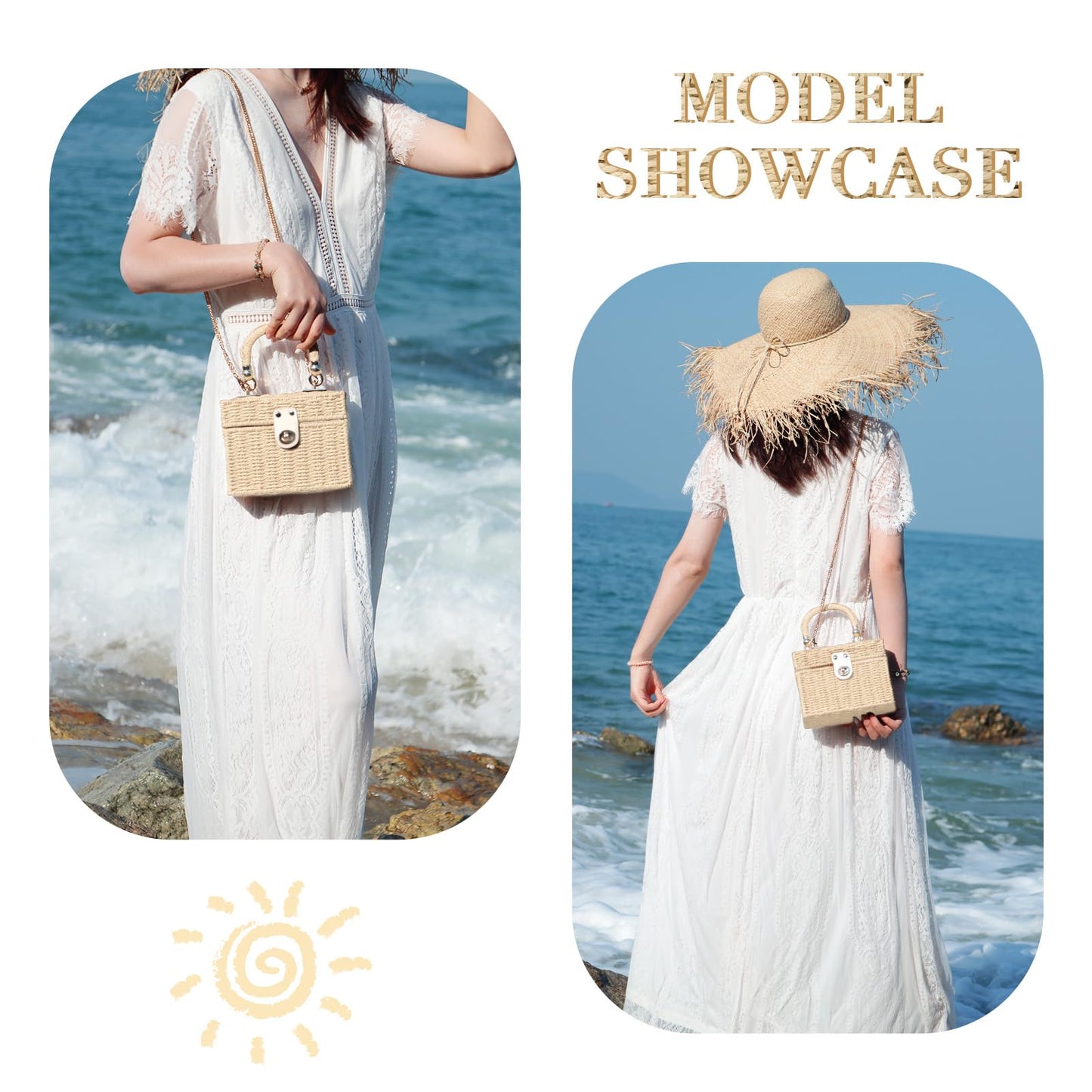 Fecialy Women Handwoven Rattan Handbag Beach Straw Tote Bag Square Boho Crossbody Bag,Beige
