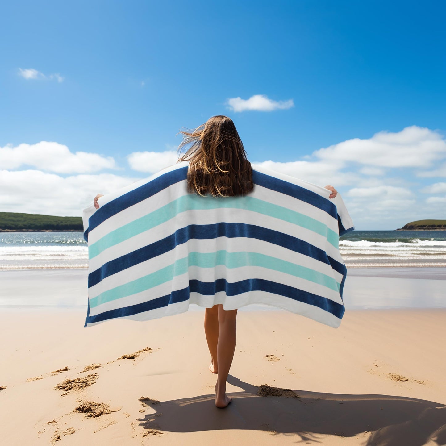 COTTON CRAFT Oversized XL Beach Towel - 2 Pack 39 x 68 inches Big & Huge Beach Blanket Towel - 100% Cotton Velour Thick Plush 450 GSM Super Soft Luxury - Pool Picnic Bath Towel - Cabana Stripe Blue