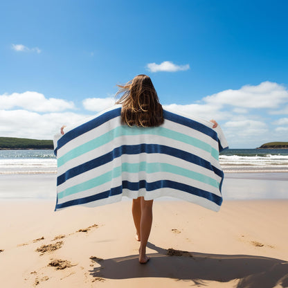 COTTON CRAFT Oversized XL Beach Towel - 2 Pack 39 x 68 inches Big & Huge Beach Blanket Towel - 100% Cotton Velour Thick Plush 450 GSM Super Soft Luxury - Pool Picnic Bath Towel - Cabana Stripe Blue