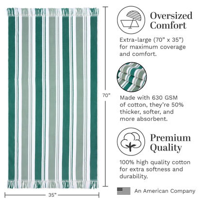 Laguna Beach Textile Co. Striped Cabana Beach Towel - Oversized, Plush 630 GSM Cotton - Palm Green
