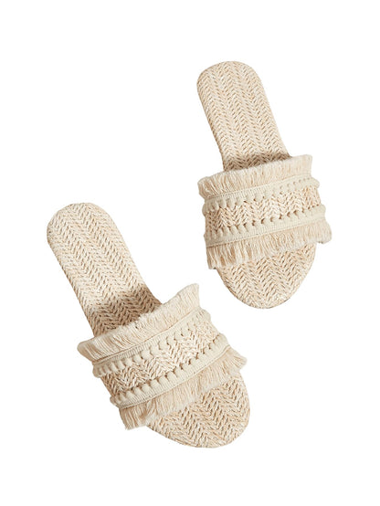OYOANGLE Women's Fringe Straw Sandals Crochet Open Toe Single Band Flat Slip On Sandals Beige 7