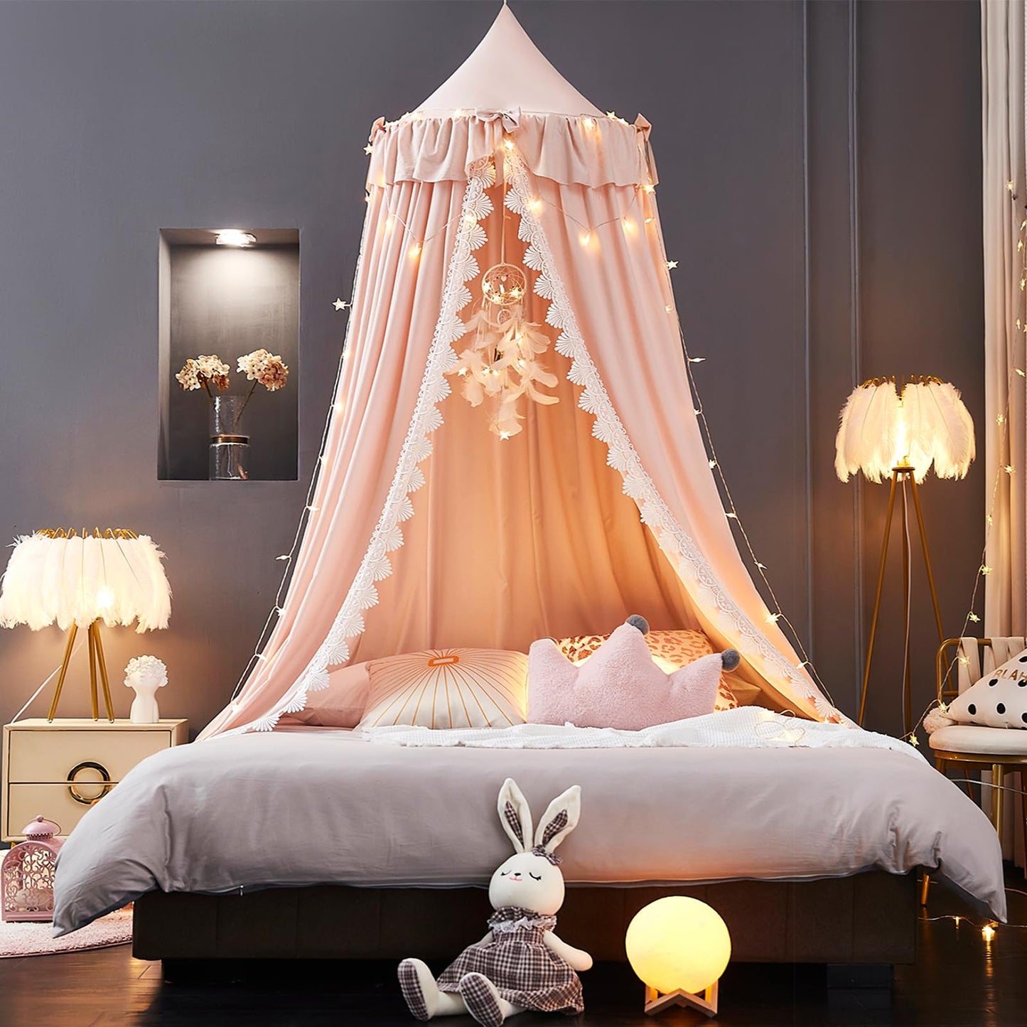 Kertnic Bed Canopy for Girls, Ruffled Soft Pink Princess Canopy Dreamy Bow Decor, Bed Canopies for Kids Room, Hanging Canopy Bedding Drapes Toddler Reading Nook Play Tent (Pink)