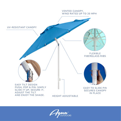 Aqua Outdoors Patio Umbrella – Heavy Duty, Wind-Stable, Adjustable Tilt & Height – Sun Shade for Pool, Deck, Backyard – Rust-Free Frame – Easy Assembly (7.5' Aqua)