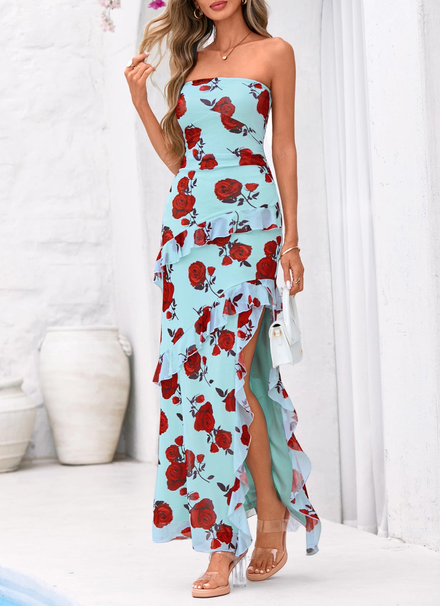 BTFBM Off The Shoulder Dresses for Women Summer 2026 Strapless Ruffle Sundress Slit Formal Cocktail Wedding Guest Dress(Floral Blue Rose, XX-Large)