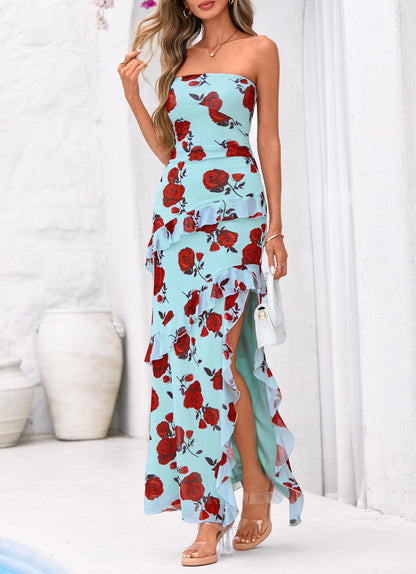 BTFBM Off The Shoulder Dresses for Women Summer 2026 Strapless Ruffle Sundress Slit Formal Cocktail Wedding Guest Dress(Floral Blue Rose, XX-Large)