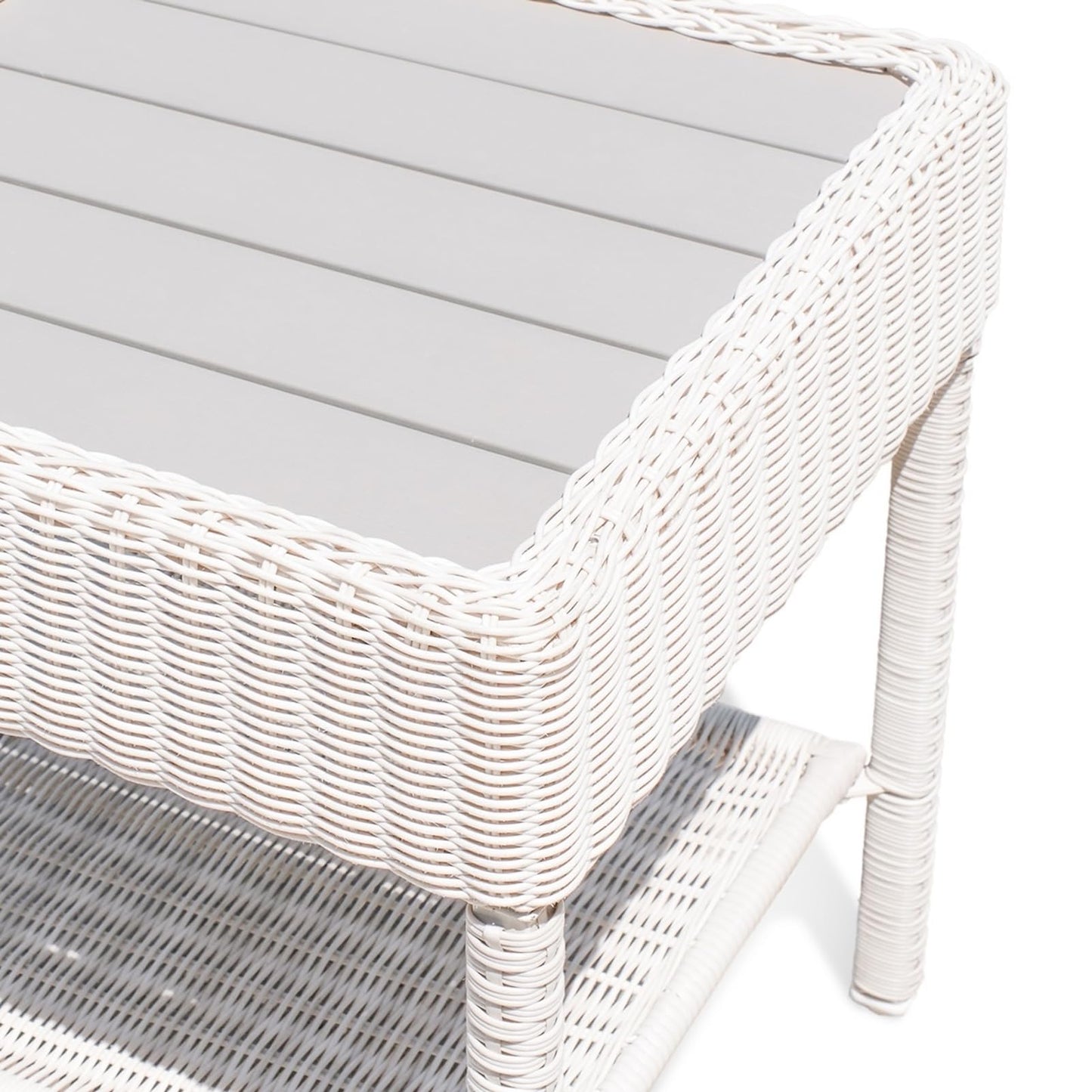 Krikacy Park Meadow Outdoor Wicker Coffee Table 34 Inch HDPE Rattan Patio Furniture with Double Shelves & Grey HIPS Top, Off White