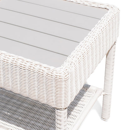 Krikacy Park Meadow Outdoor Wicker Coffee Table 34 Inch HDPE Rattan Patio Furniture with Double Shelves & Grey HIPS Top, Off White