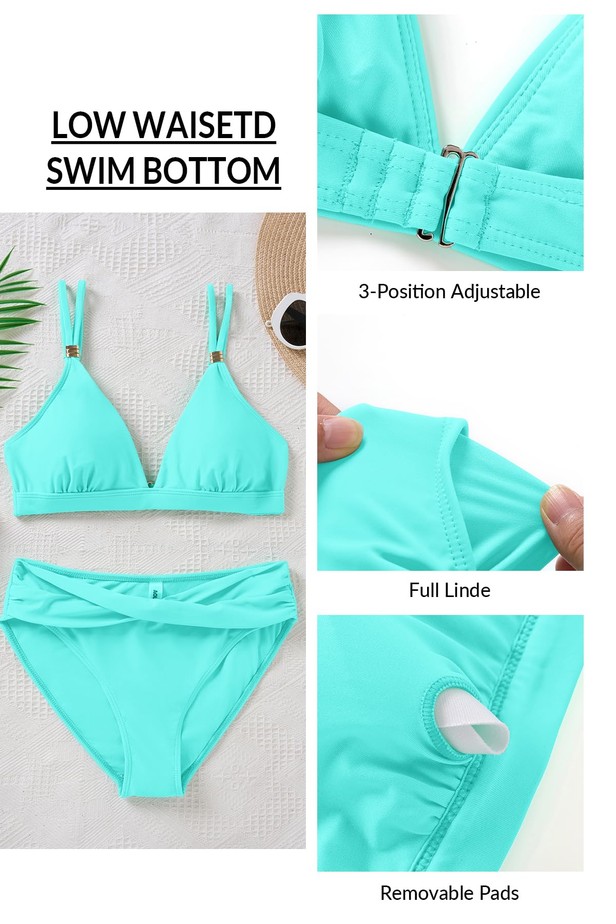 Women Bikini Sets - Two Piece Swimsuit Low Rise Bathing Suit 2026 Double Strap Bikini Swimwear Aqua Blue L