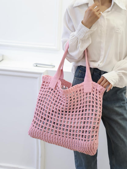 ENBEI Women's Beach Tote Bag, Crocheted Knit Hollow Design, Stylish & Spacious Tote for Beach,Travel,and Everyday Use,Cute Aesthetic Summer Handbag (Pink)